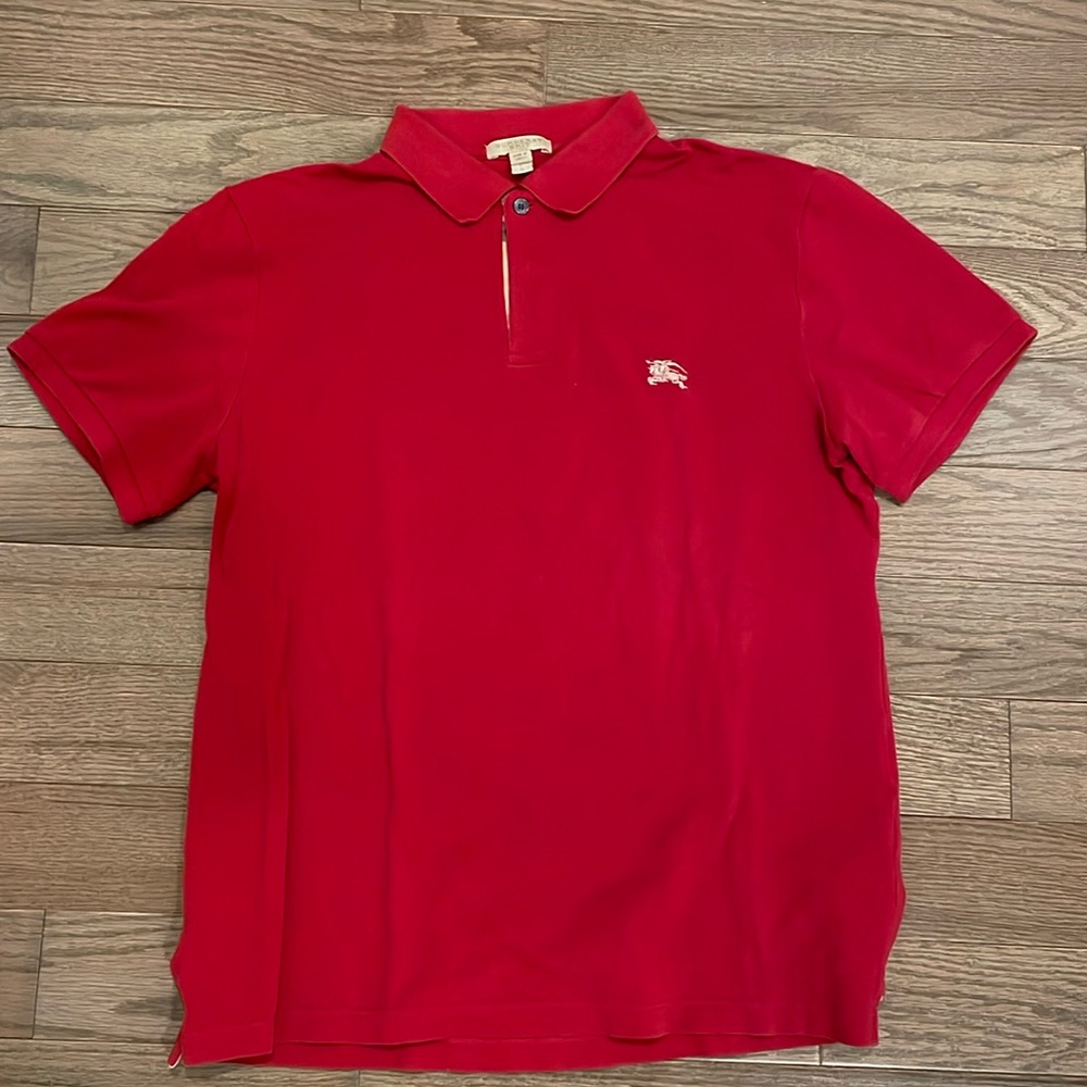 Men’s Burberry Red Polo with large Horse logo.